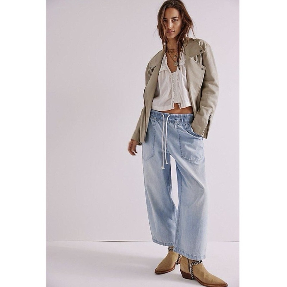 We The Free Easy Peasy Free People Pull On Drawstring Wide Leg Jeans Size M